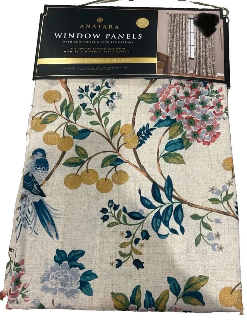 Anatara 2 pc Window Panel Curtains Floral & Birds 37